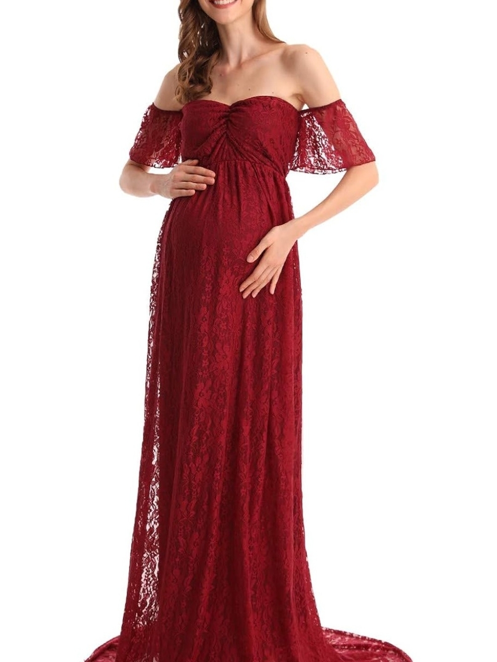 Off-Shoulder Lace Maxi Dress in Burgundy